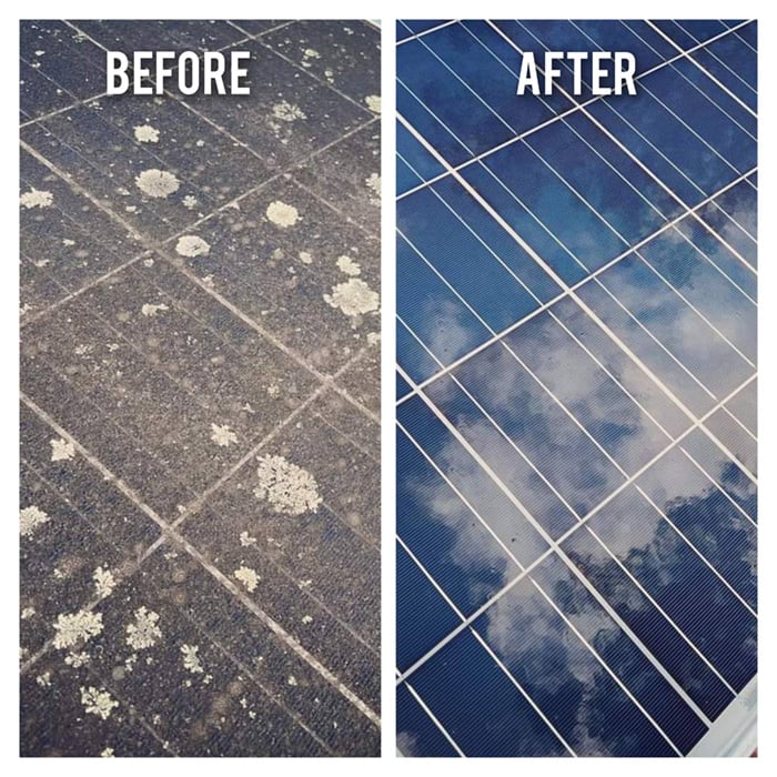 Before and after solar panel cleaning comparison